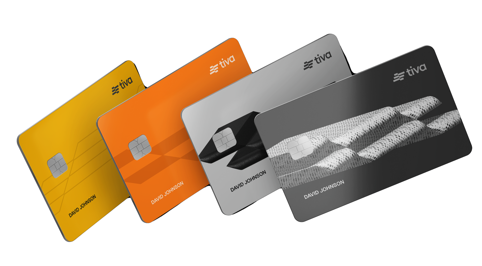 Tiva card lineup: gold, orange, silver and black metal cards