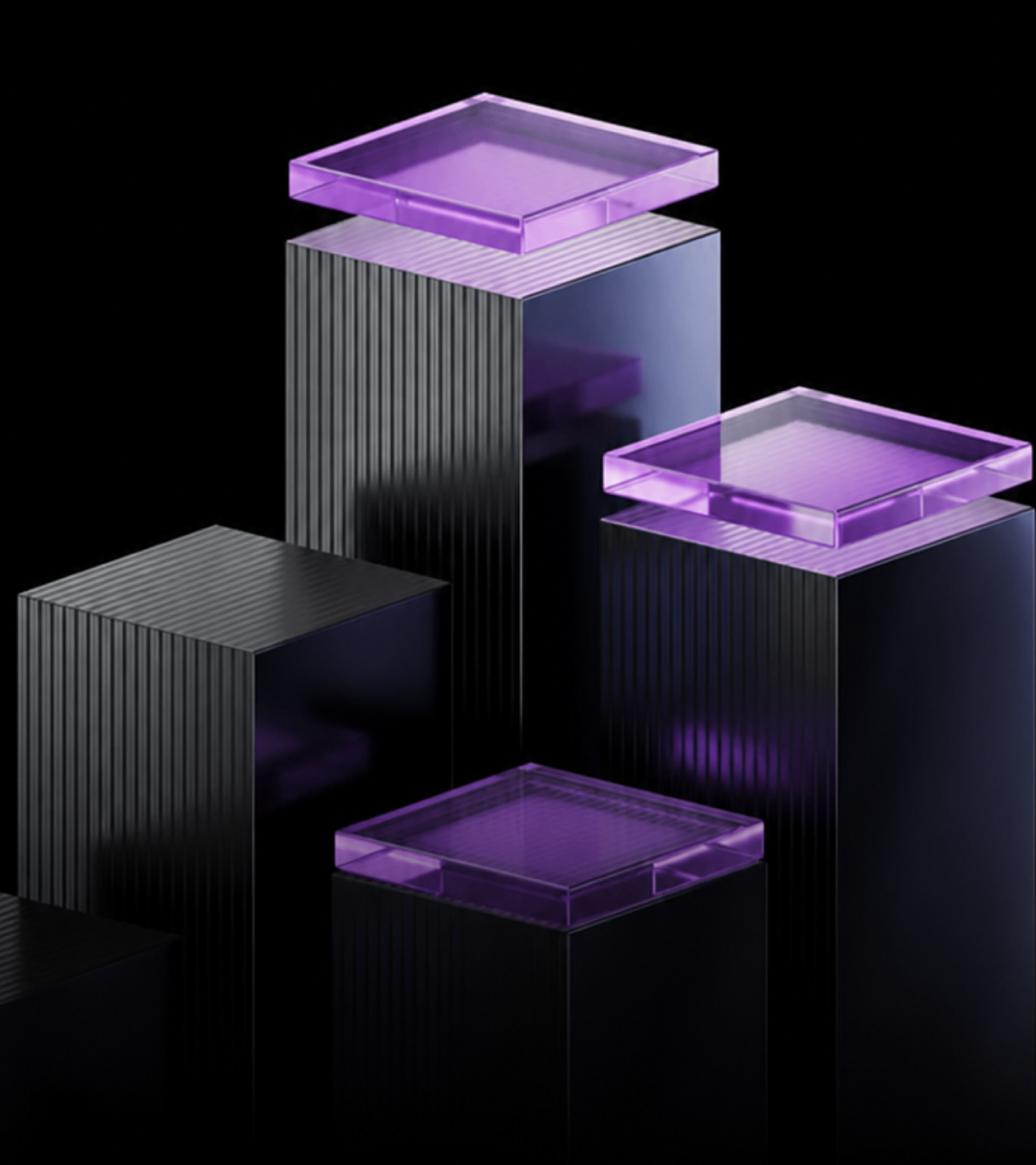 Purple acrylic pedestals representing Tiva's financial infrastructure