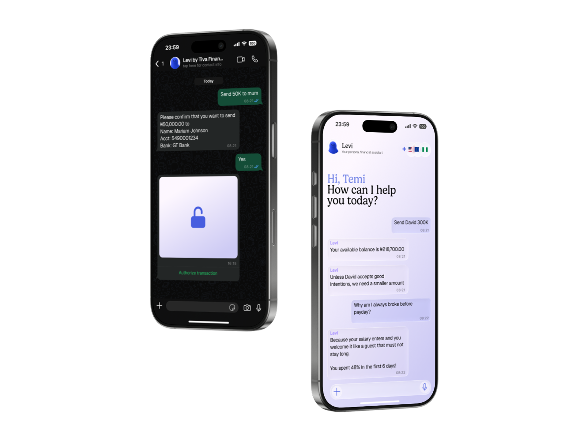 Levi shown inside WhatsApp and the Tiva app, guiding a user through a transfer